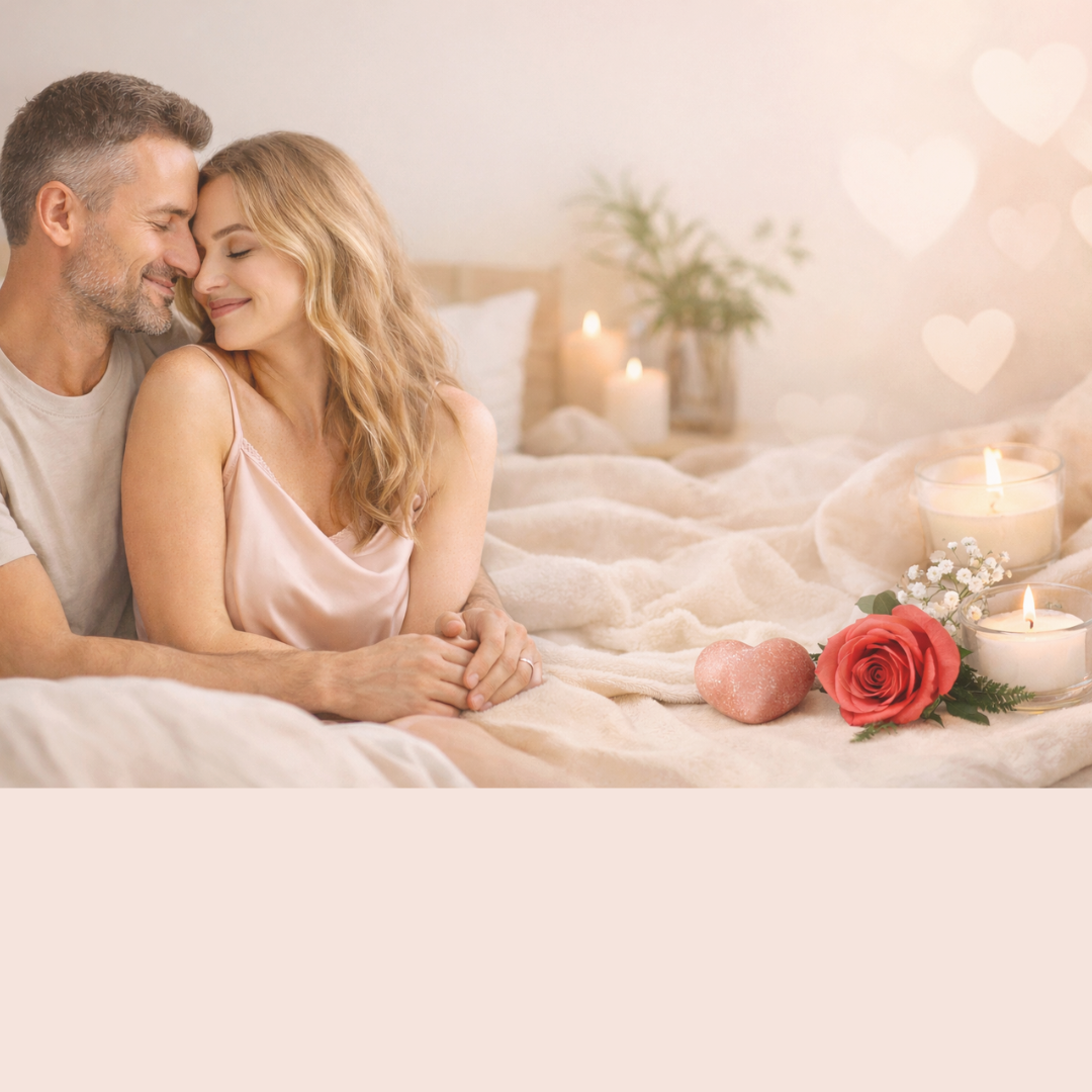 Couple relaxing together in a warm, softly lit bedroom, conveying intimacy, connection, and Valentine’s Day wellness.