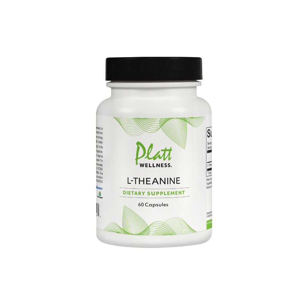 L-Theanine dietary supplement bottle with 60 capsules for stress relief and mental clarity