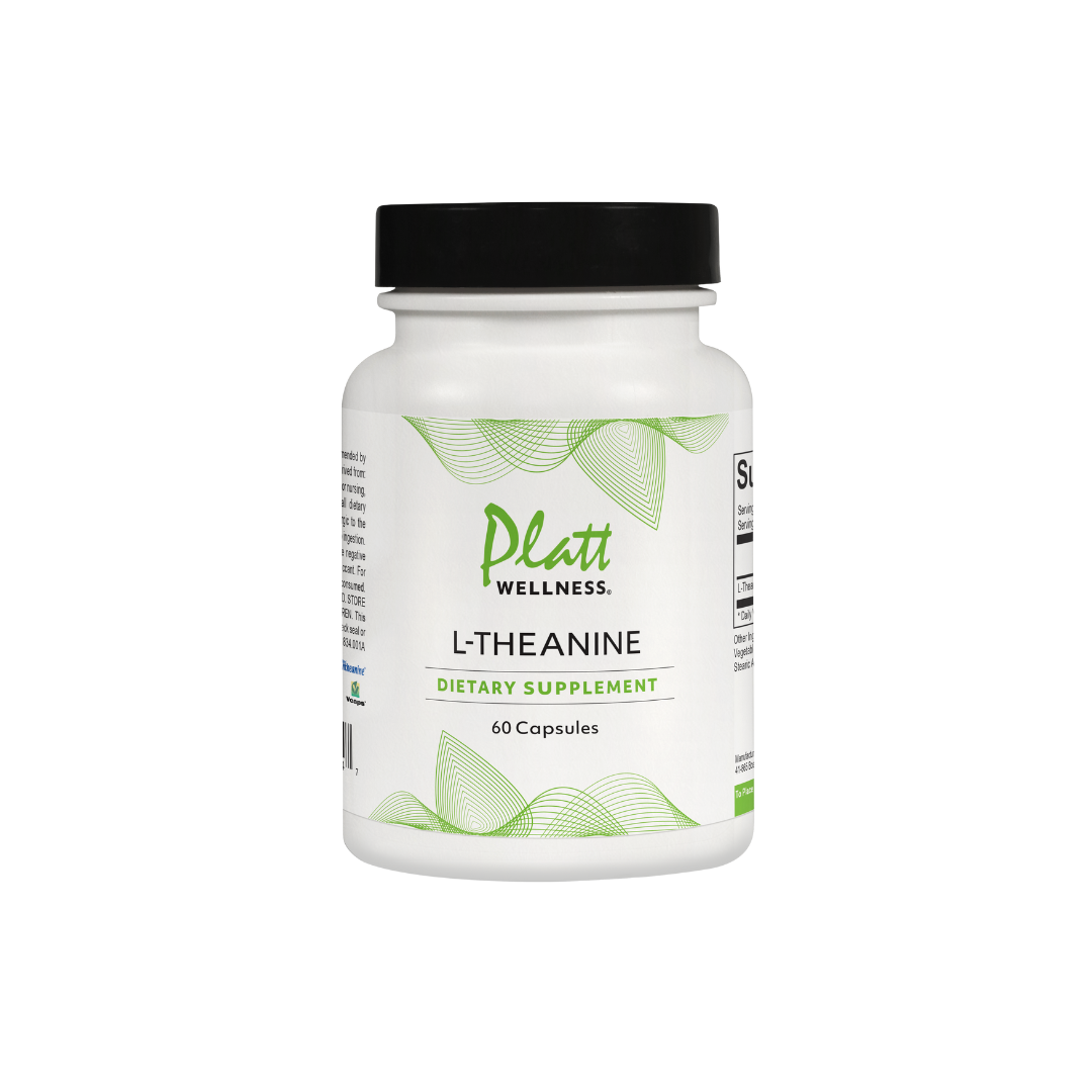 L-Theanine dietary supplement bottle with 60 capsules for stress relief and mental clarity