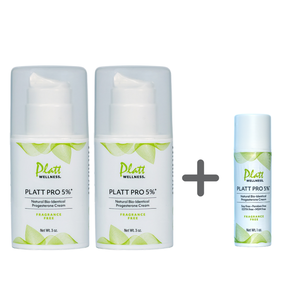 Platt Pro 5% fragrance-free progesterone creams bundle with two full-size 3 oz bottles and one free 1 oz travel size cream