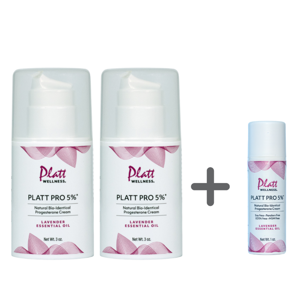 Platt PRO 5% Lavender Oil progesterone cream set with two 3 oz bottles and a free 1 oz travel size for hormonal balance and well-being.