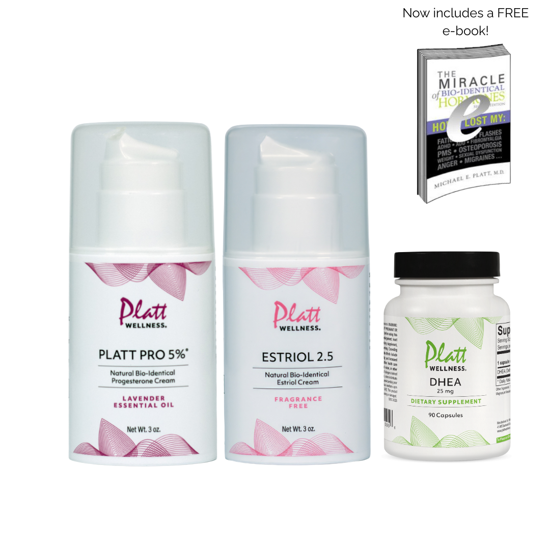 Menopause support bundle with Platt PRO 5% progesterone cream, Estriol 2.5 cream, DHEA supplement, and free e-book.