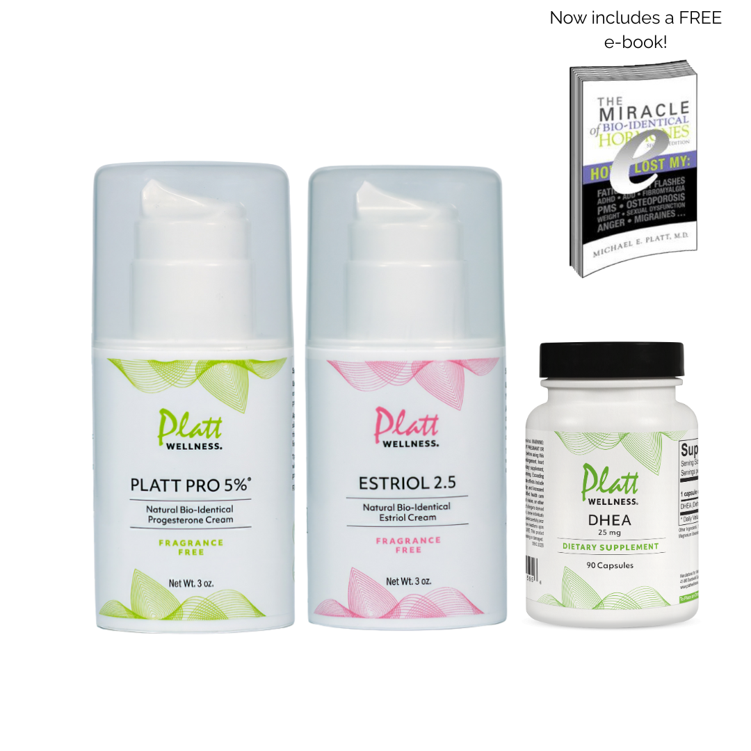 Menopause support bundle including Platt Pro 5% fragrance-free progesterone cream, Estriol 2.5 cream, DHEA capsules, and free e-book for hormonal balance and symptom relief