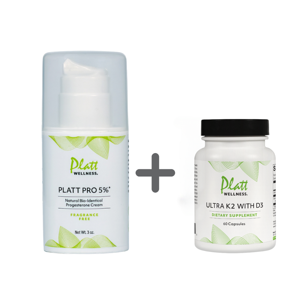 Platt Pro 5% Fragrance Free progesterone cream and Ultra K2 with D3 dietary supplement duo for immune, brain, and hormonal health