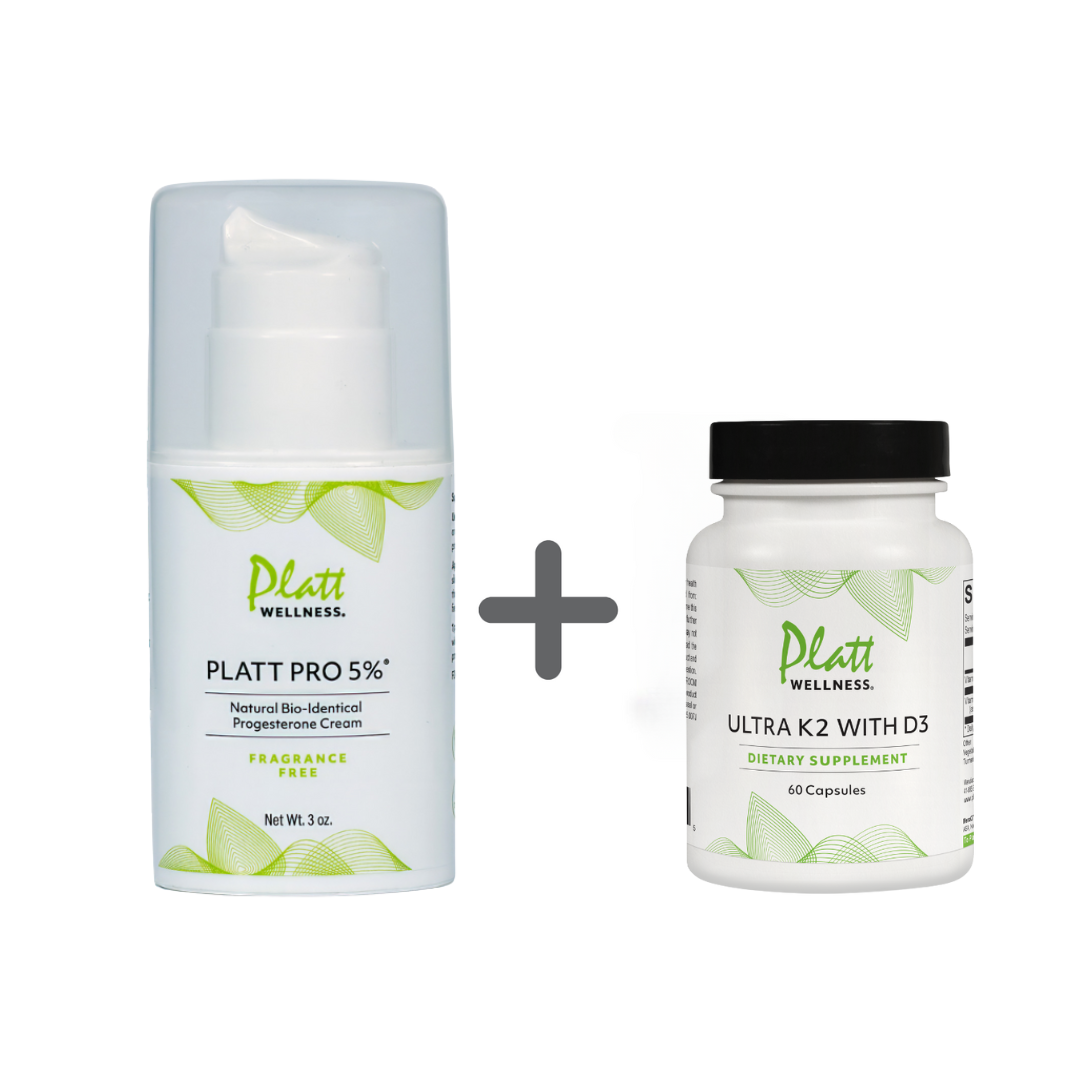 Platt Pro 5% Fragrance Free progesterone cream and Ultra K2 with D3 dietary supplement duo for immune, brain, and hormonal health