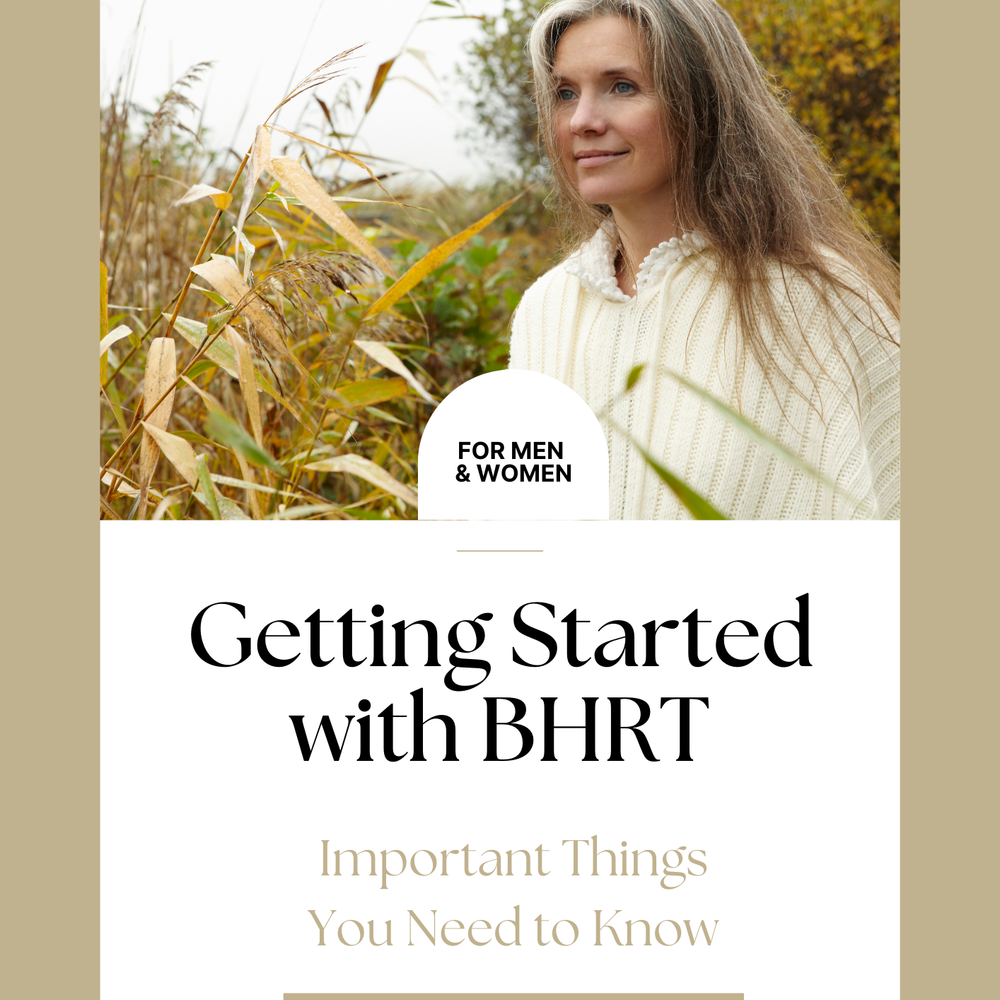 Middle-aged woman outdoors surrounded by tall grasses promoting hormone balancing and BHRT for men and women guide