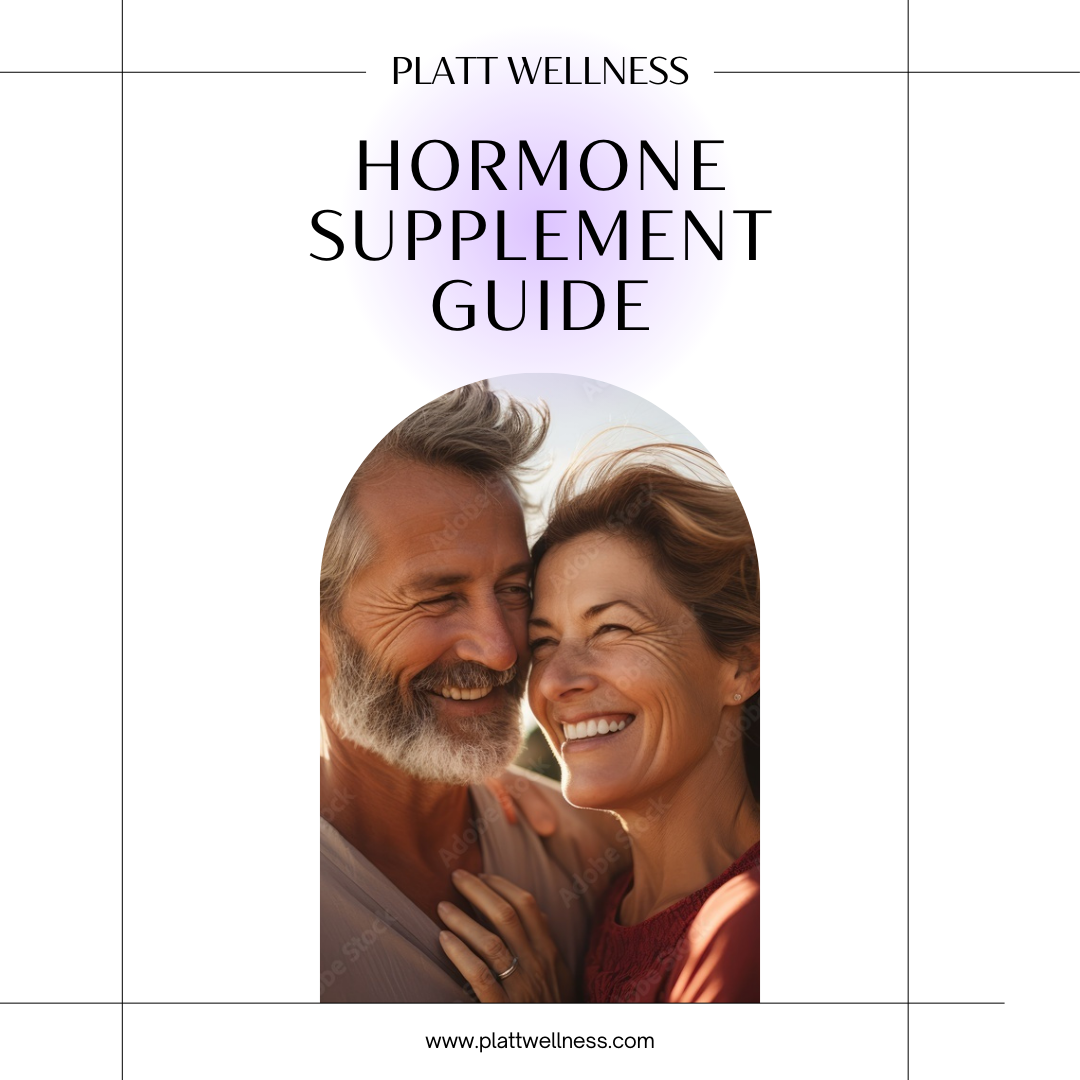 Hormone Supplement Guide cover with smiling mature couple promoting hormone balance and wellness by Platt Wellness