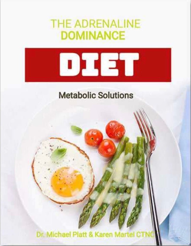 Adrenaline Dominance Diet book cover with fried egg, asparagus, and cherry tomatoes on plate