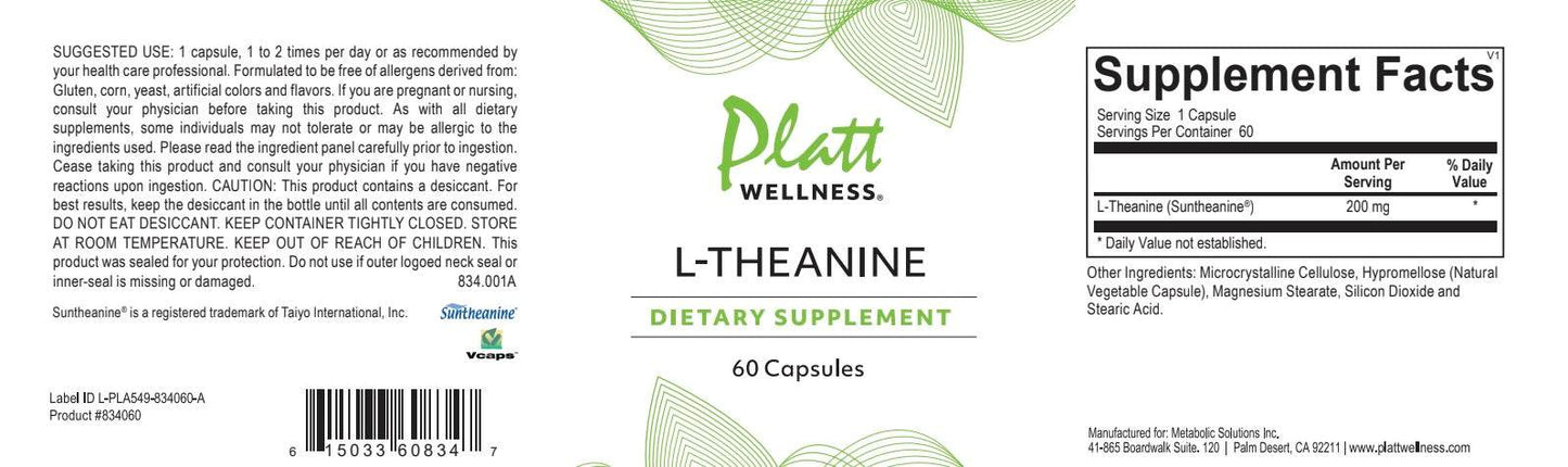 L-Theanine dietary supplement bottle label with supplement facts and usage instructions showing 60 capsules.