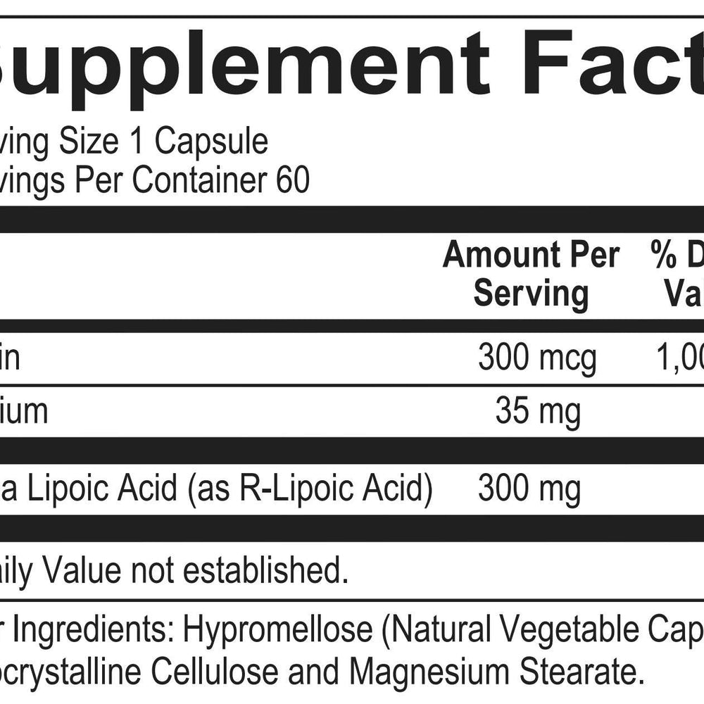 Supplement facts label for Alpha Lipoic Acid with ingredient details and serving size.
