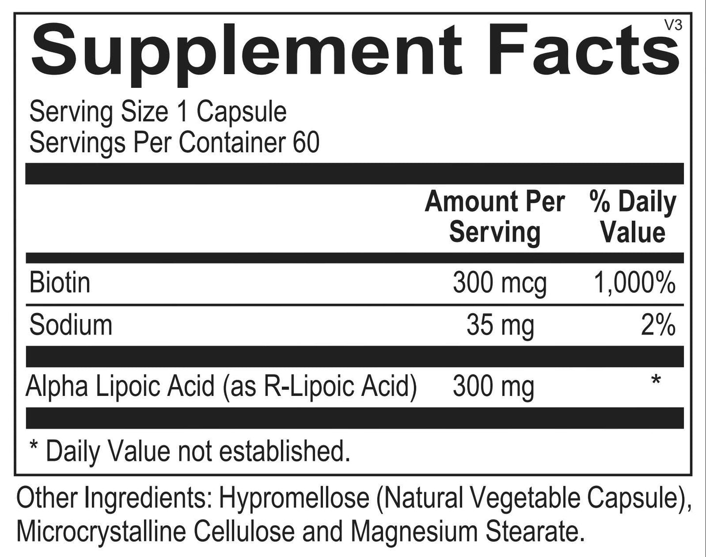 Supplement facts label for Alpha Lipoic Acid with ingredient details and serving size.