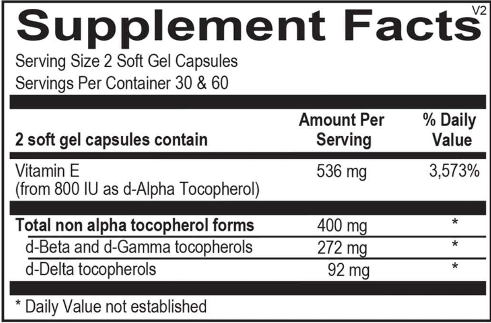 
                  
                    Vitamin E mixed tocopherols supplement facts label showing 60 soft gel capsules with antioxidant benefits and immune support
                  
                