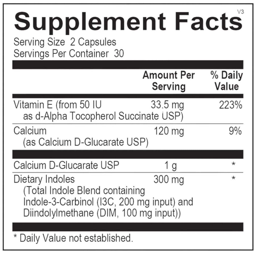 
                  
                    DIM-PRO with CDG supplement facts showing vitamin E, calcium D-glucarate, and dietary indoles for hormone balance.
                  
                