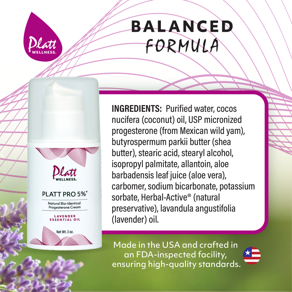 
                  
                    Platt Pro 5% progesterone cream with lavender oil for hormone balance and mood support
                  
                