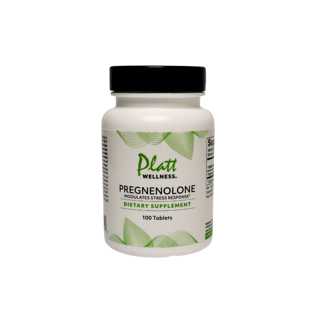 Platt Wellness Pregnenolone 10mg dietary supplement bottle with 100 tablets for stress modulation and hormonal balance