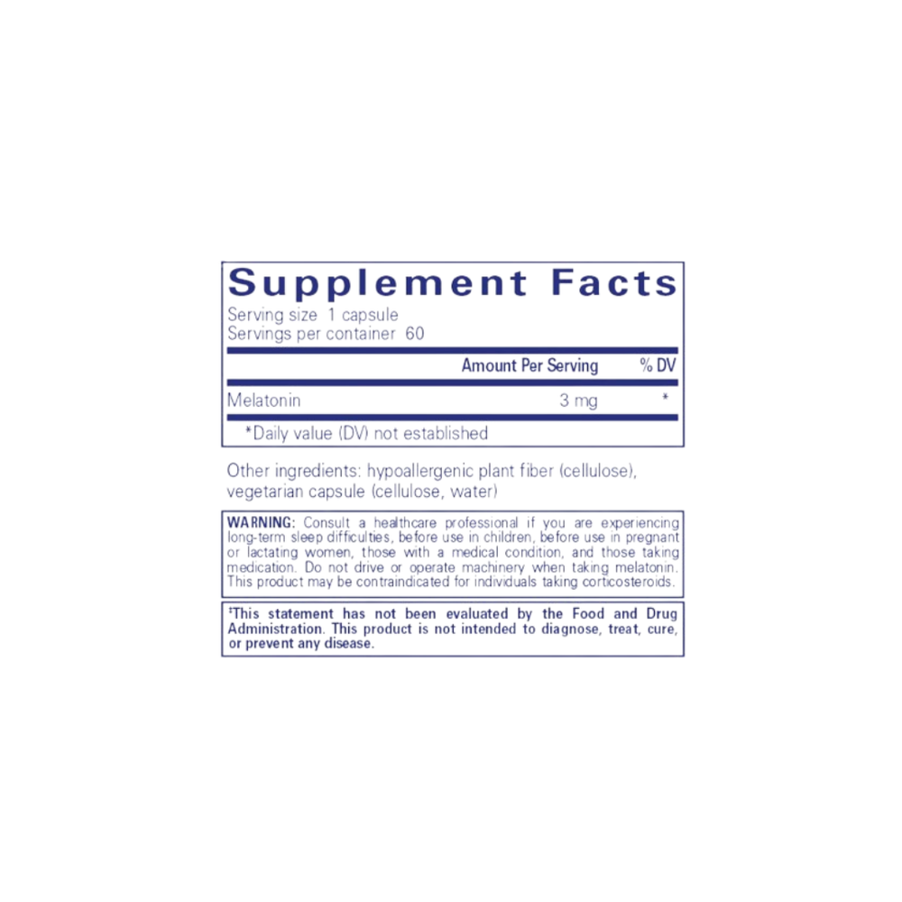 
                  
                    Melatonin 3mg supplement facts label showing dosage, ingredients, and warnings for better sleep and antioxidant benefits
                  
                
