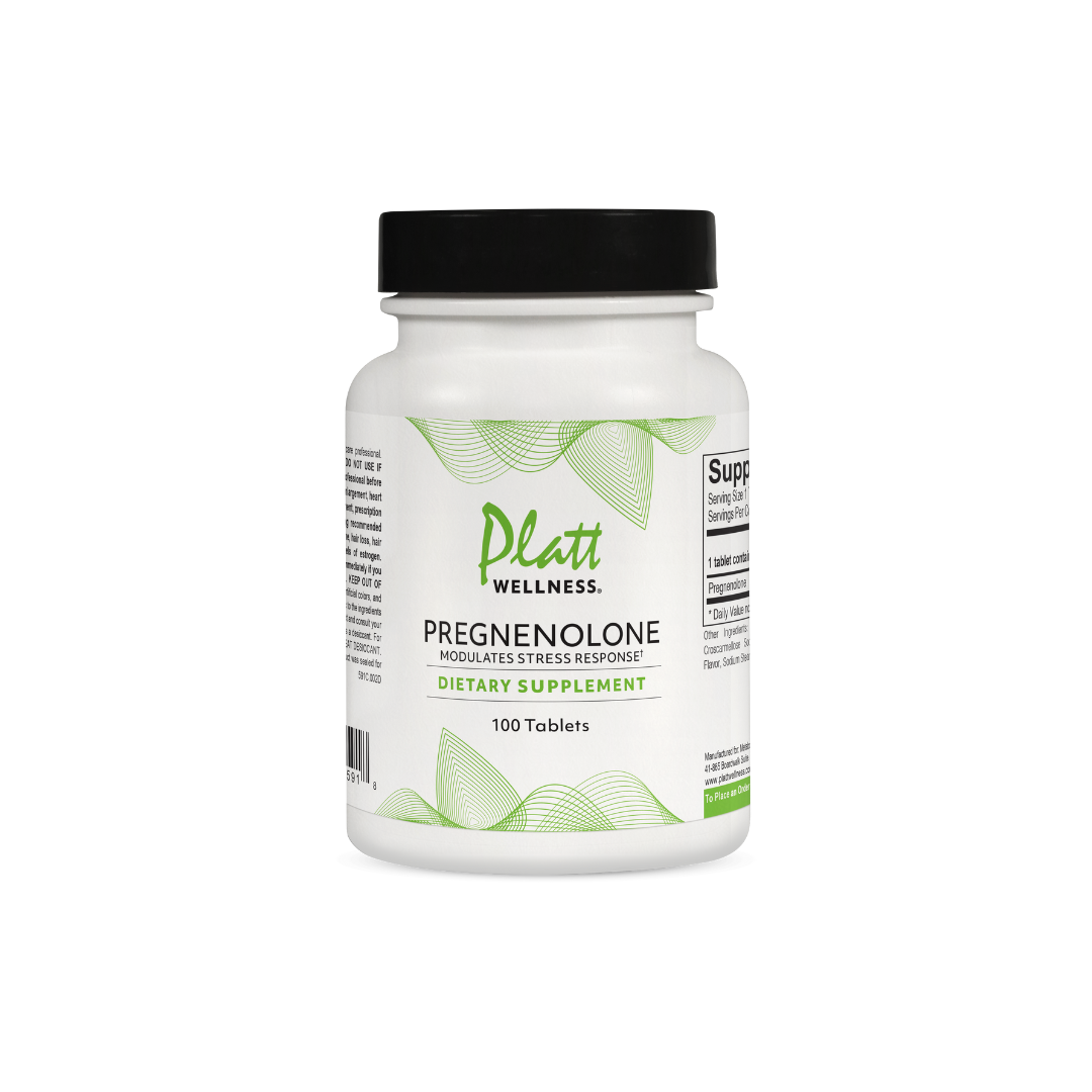 Pregnenolone 10mg dietary supplement bottle by Platt Wellness for stress response and hormonal balance