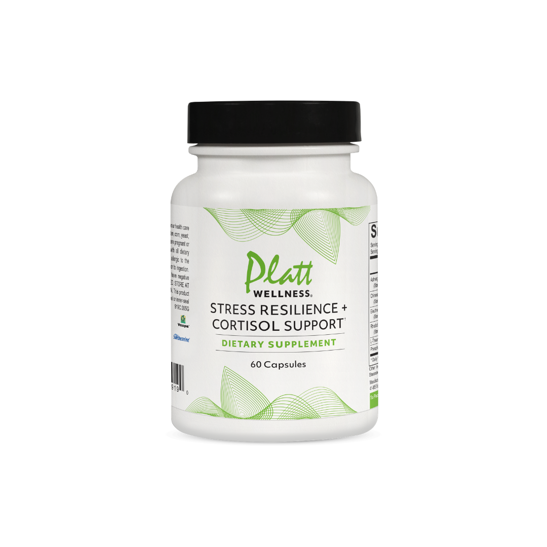 Stress Resilience + Cortisol Support supplement bottle with adaptogenic herbs for balanced cortisol and energy