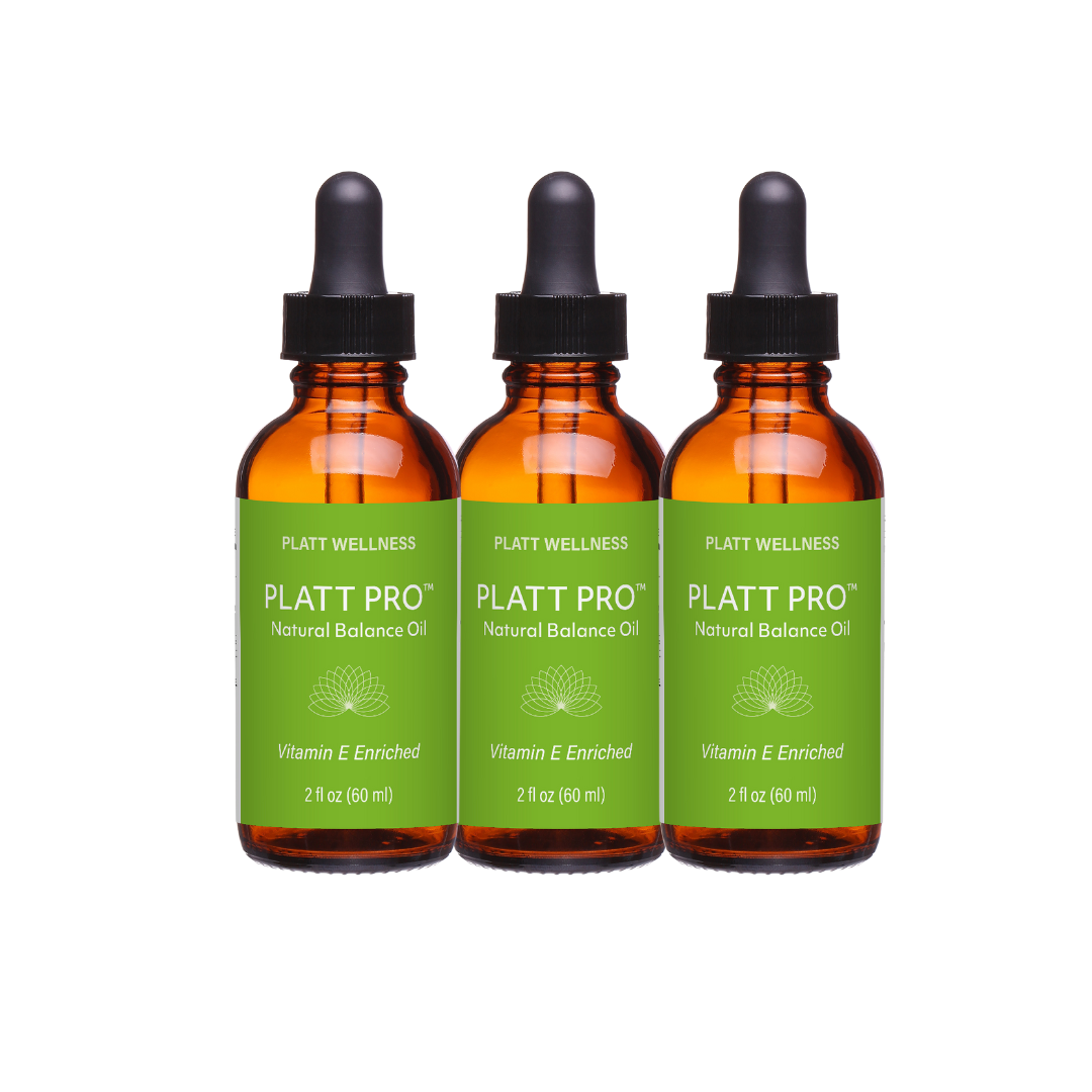 Three bottles of Platt Wellness Progesterone Balance Oil with vitamin E in amber dropper bottles