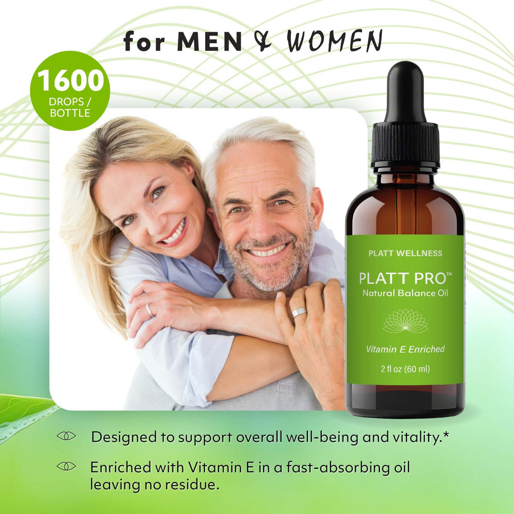
                  
                    Platt Pro Natural Balance Oil bottle with Vitamin E for hormonal support and wellness displayed alongside smiling middle-aged couple
                  
                