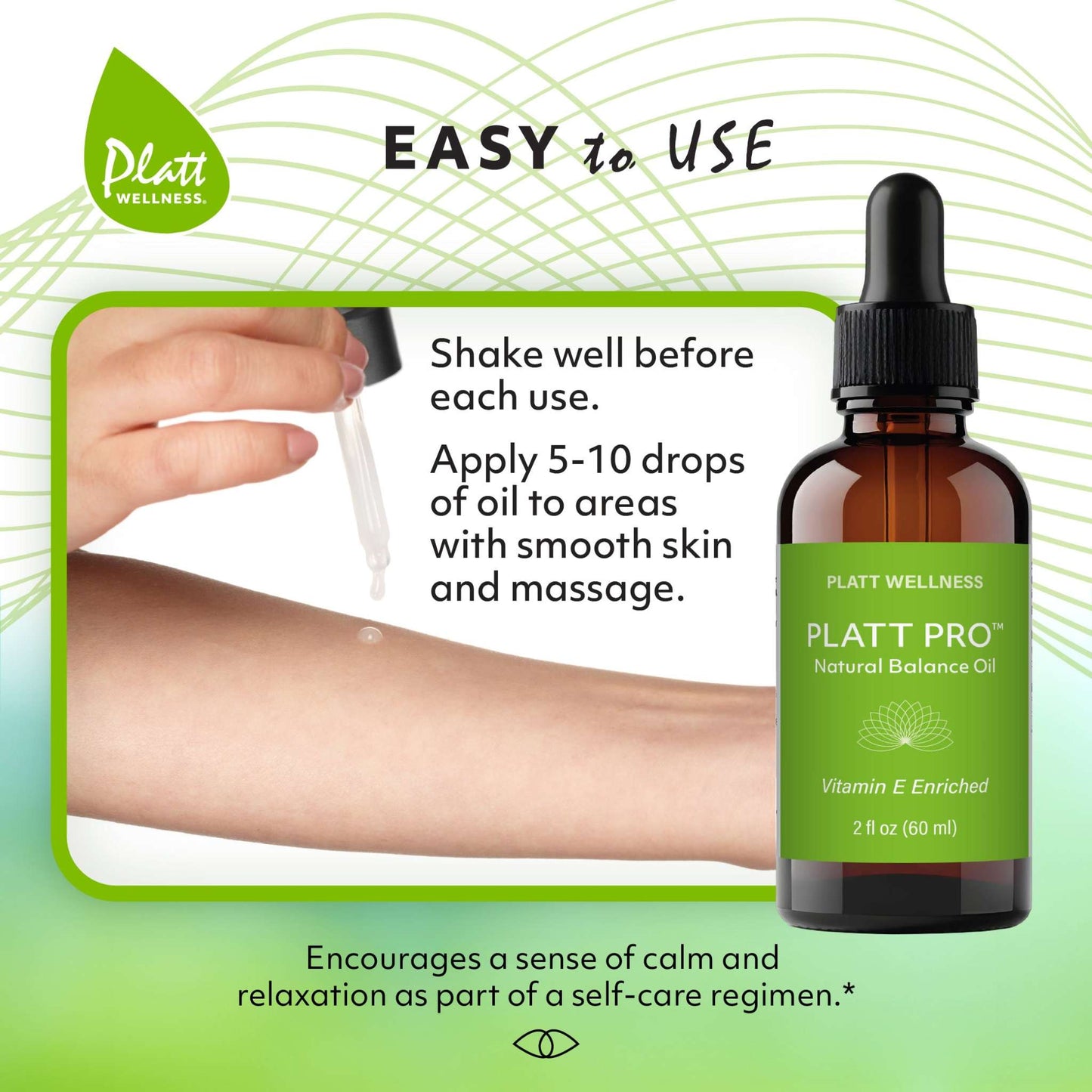 Platt Pro Natural Balance Oil bottle with dropper applying oil on arm for hormonal balance and skin health