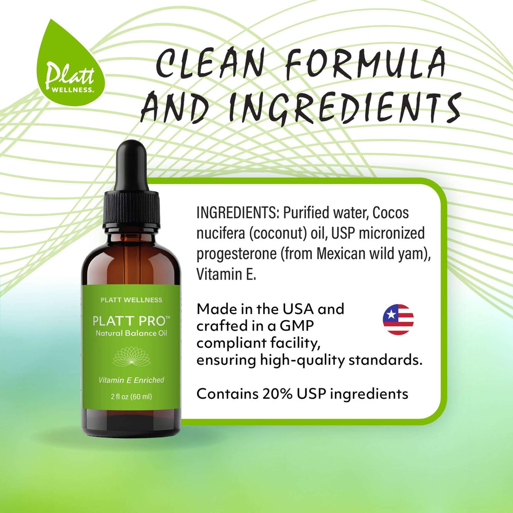 
                  
                    Platt Pro Natural Balance Oil with progesterone and vitamin E in a 2oz amber dropper bottle, clean formula, made in USA
                  
                