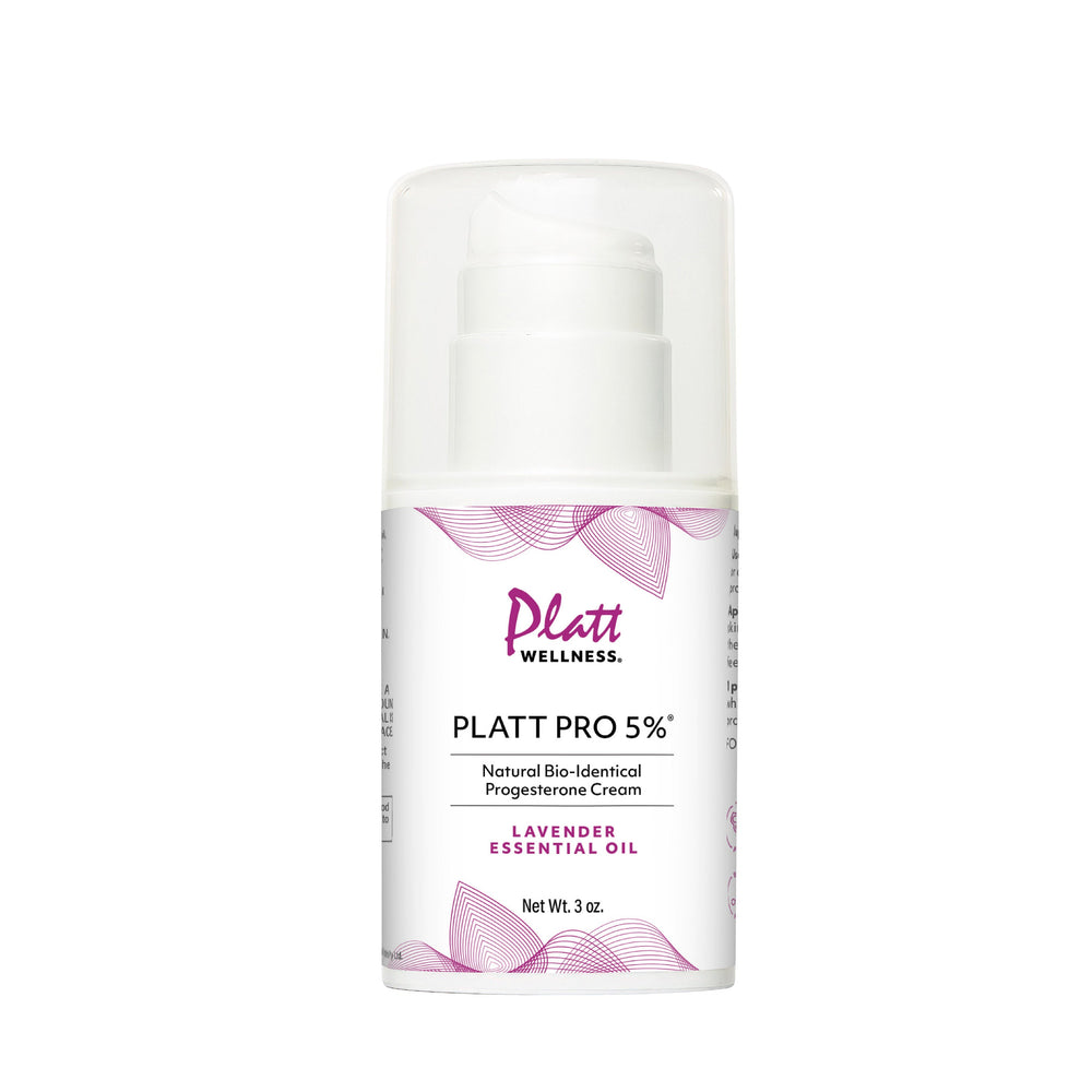 Platt PRO 5% Bio-Identical Progesterone Cream with Lavender Essential Oil in white pump bottle for hormonal balance and well-being