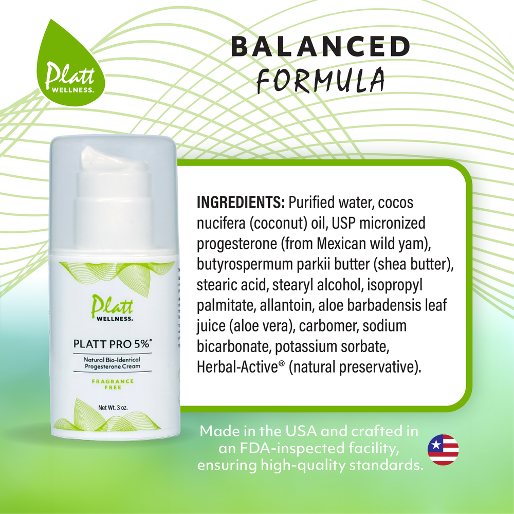 
                  
                    Platt Pro Fragrance Free bioidentical progesterone cream bottle with natural ingredients and USA-made quality badge
                  
                