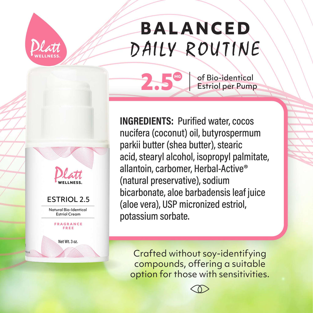 
                  
                    Platt Wellness Estriol Cream 2.5mg pump with natural ingredients for hormonal health and menopausal relief
                  
                