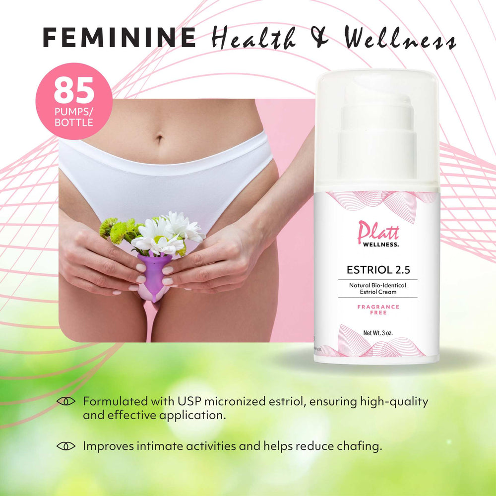 
                  
                    Platt Wellness Estriol 2.5 cream for feminine health and menopausal symptom relief with 85 pumps per bottle
                  
                