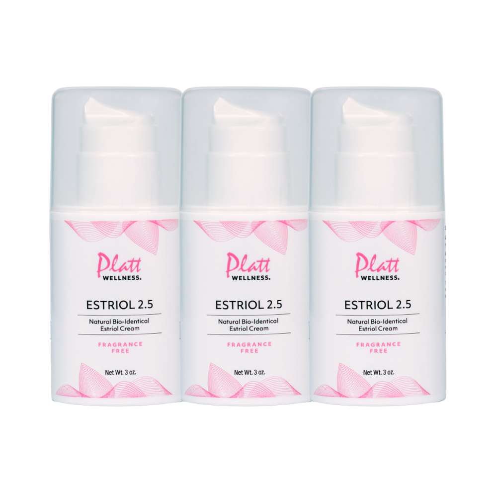 Three Platt Wellness Estriol 2.5 Natural Bio-Identical Estriol Cream bottles in Estriol Bundle pack with fragrance-free formula