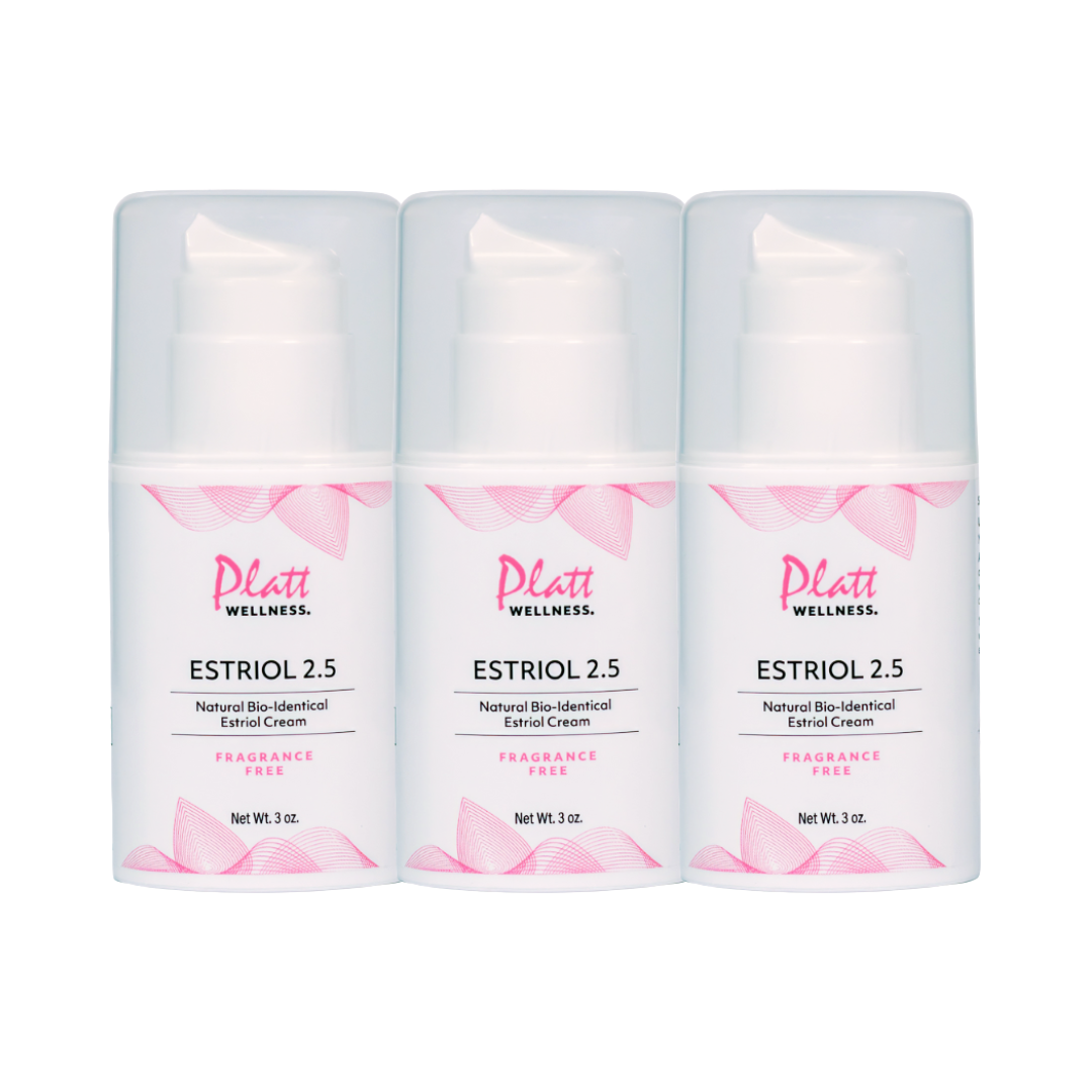 Three Platt Wellness Estriol 2.5 Natural Bio-Identical Estriol Cream bottles in Estriol Bundle pack with fragrance-free formula