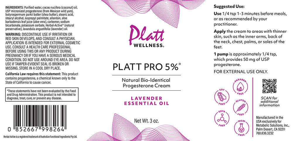 
                  
                    Platt PRO 5% All Natural & Bio-Identical Progesterone Cream w/Lavender Essential Oil
                  
                