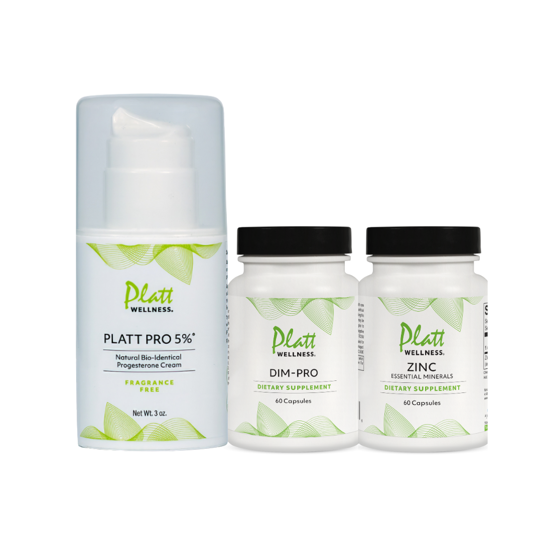 Andropause Bundle for Men with fragrance-free progesterone cream, DIM-PRO, and zinc supplements in white containers