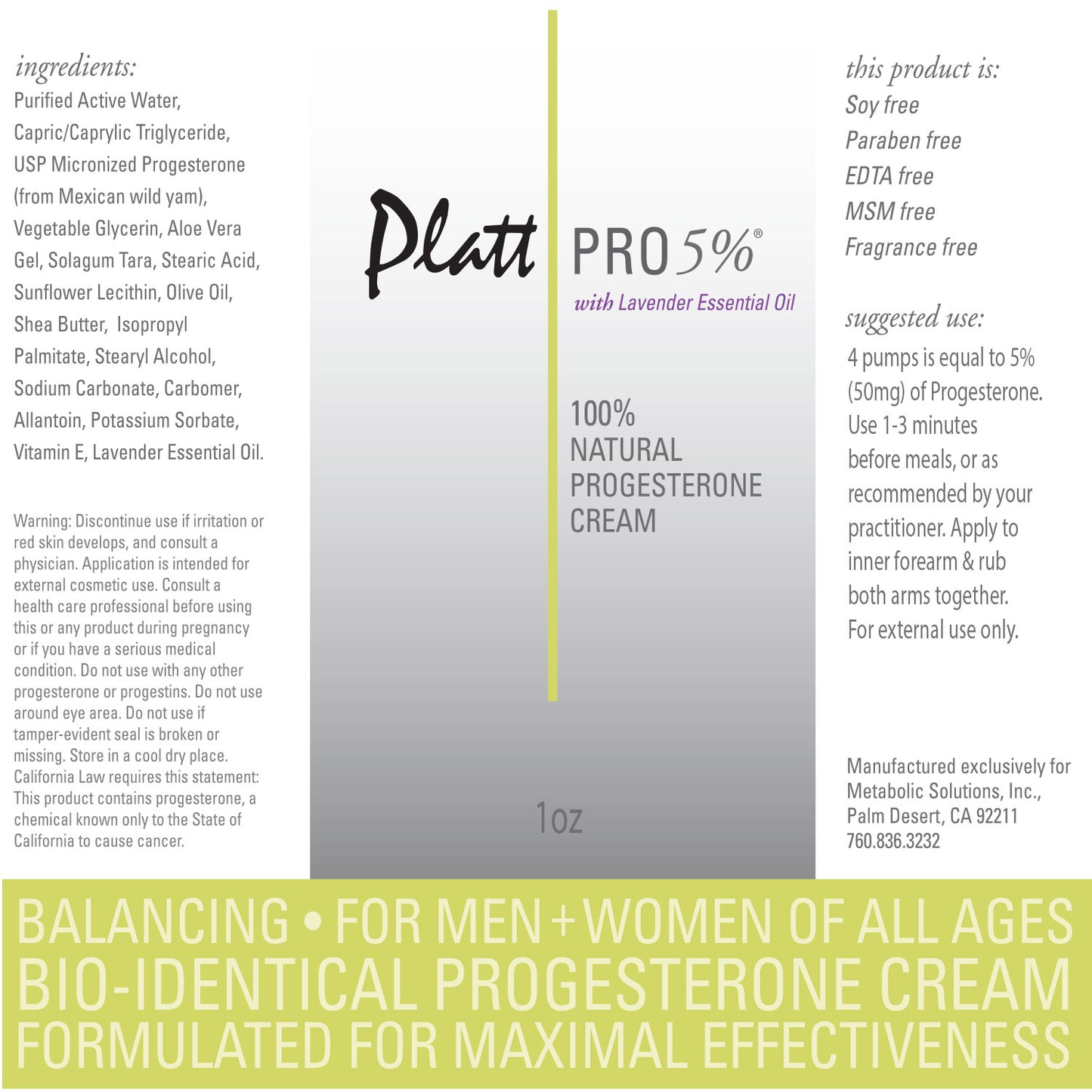 
                  
                    Platt Pro 5% Progesterone Cream with Lavender Essential Oil (Bioidentical)-Mini Size (4 pumps equals 50 mg) - Platt Wellness
                  
                